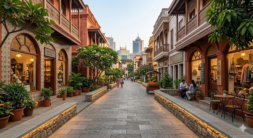 Historic district with artistic storefronts