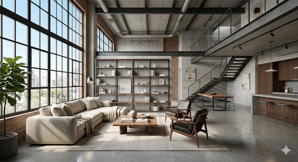 Modern loft interior with high ceilings